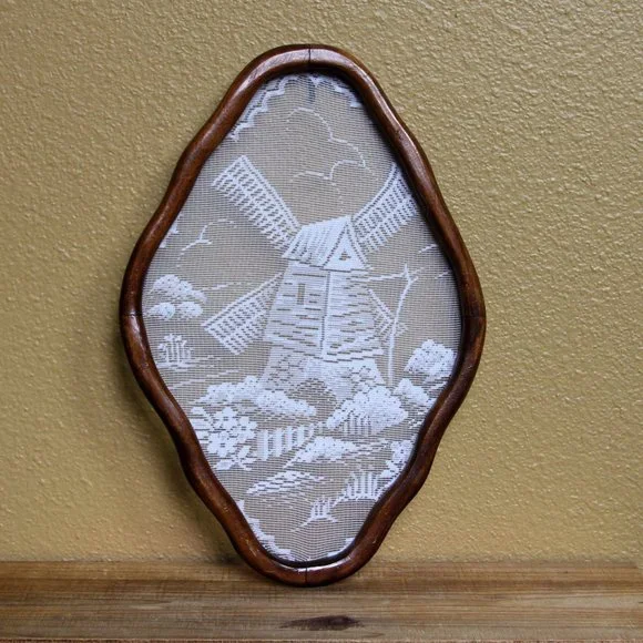 Set of 2 Framed Lace Wall Art Windmill and Lady in Bonnet, Chain Broken - Picture 2 of 11